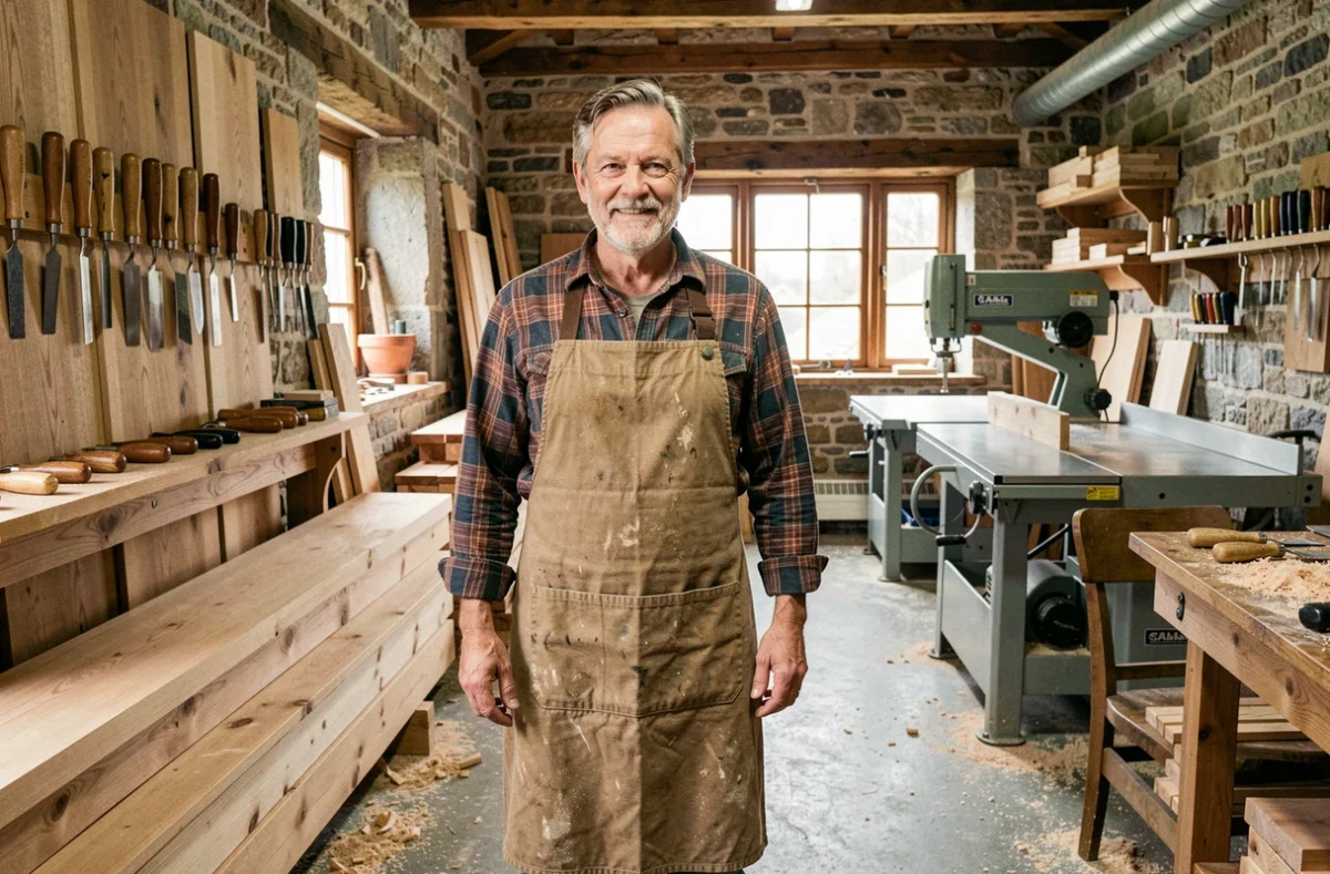 Atelier de menuiserie traditionnel en Bretagne avec un artisan et des outils en bois