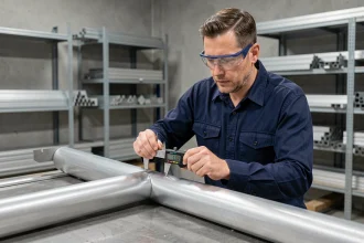 Ingénieur mesurant l'épaisseur d'un tube en aluminium avec un pied à coulisse numérique en atelier industriel