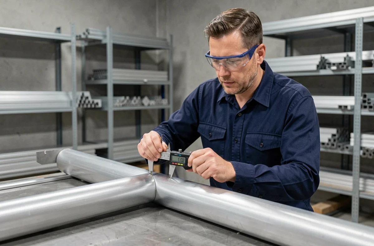 Ingénieur mesurant l'épaisseur d'un tube en aluminium avec un pied à coulisse numérique en atelier industriel