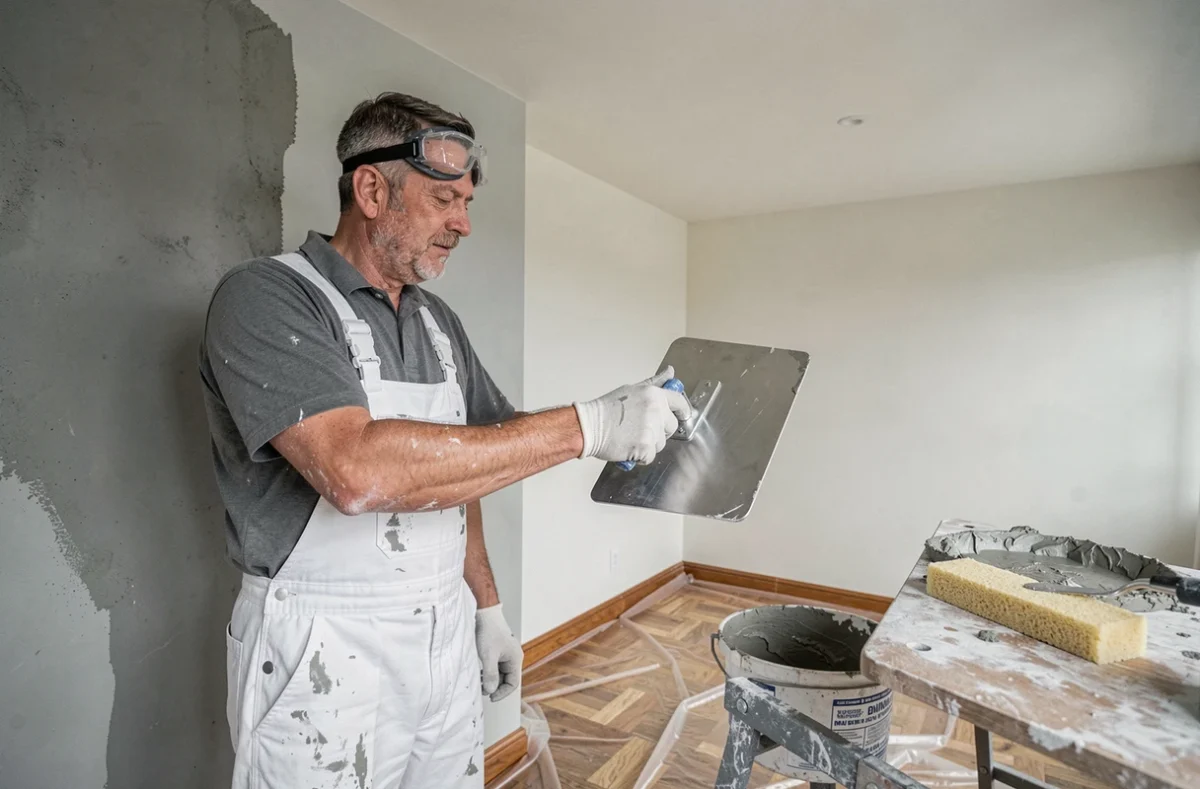 Plâtrier-peintre appliquant un enduit de finition sur un mur intérieur lors d'une rénovation de second œuvre à Bény, Jura