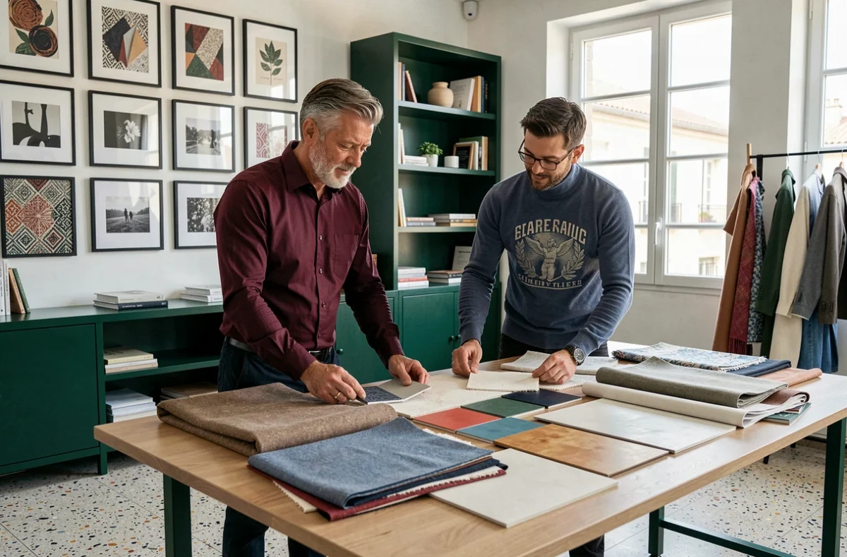 Les deux créateurs et décorateurs de Mr. & Mr. travaillant dans leur studio à Montpellier