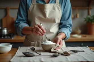 Femme nettoyant une cuillère en argent noircie avec un produit maison à base de bicarbonate de soude dans une cuisine