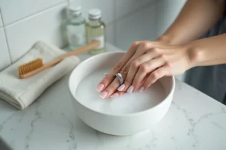 Mains de femme nettoyant une bague en argent massif dans un bol d'eau savonneuse sur un comptoir en marbre blanc