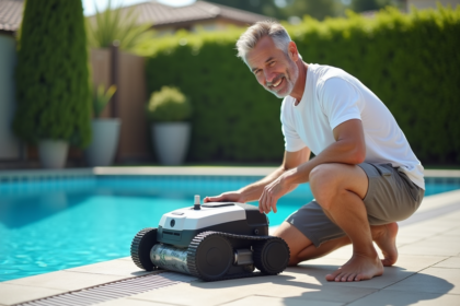 Homme d'âge moyen nettoyant un robot de piscine extérieur
