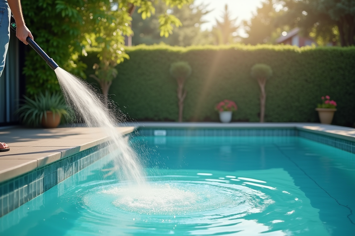 Personne nettoyant la vitre de la piscine avec jardin vert en arrière-plan