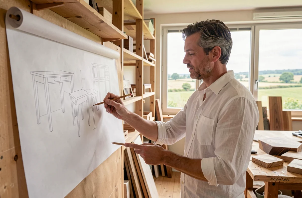 Menuisier créatif de Nomah Création dessinant un meuble sur mesure dans son studio à La Bosse-de-Bretagne