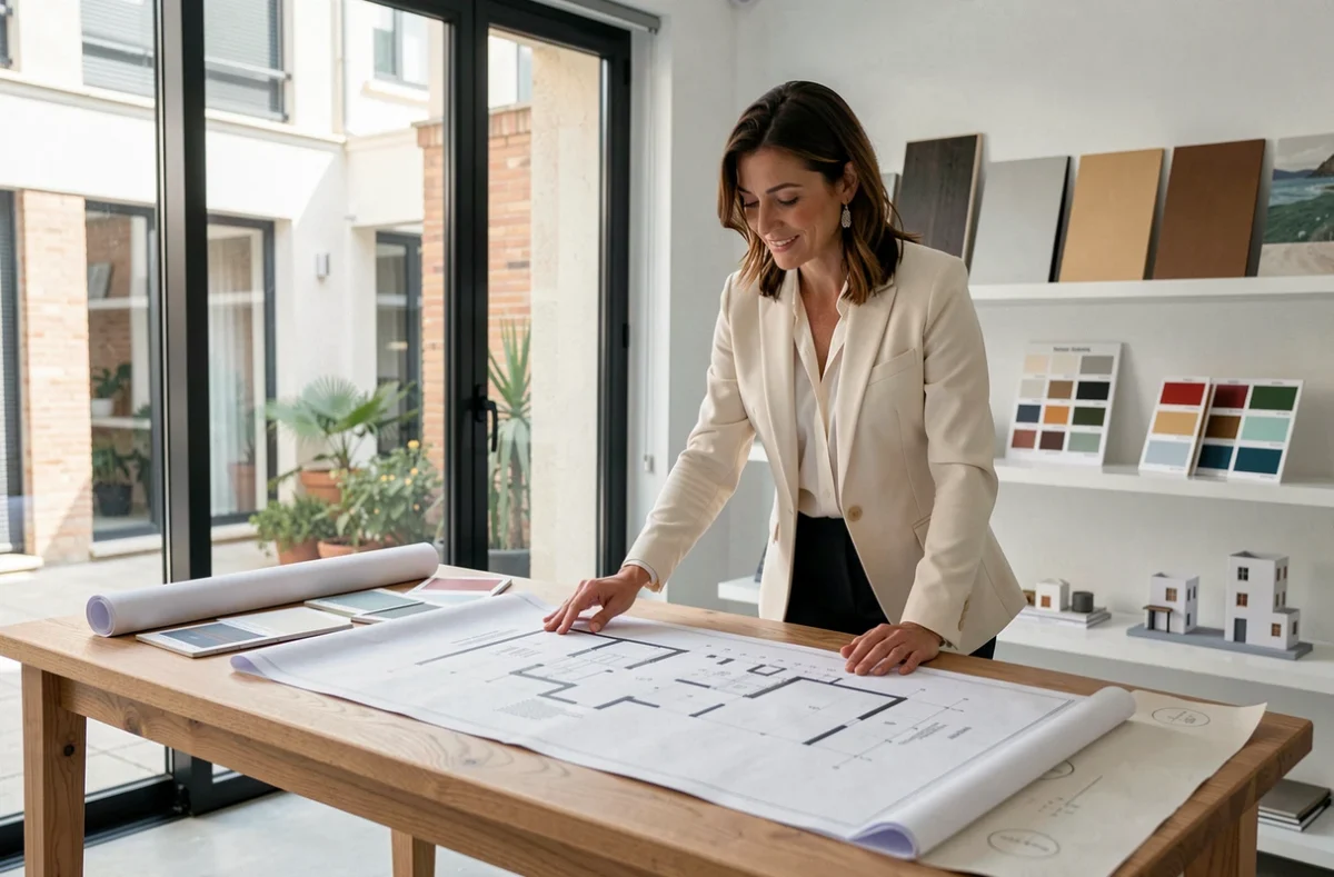Architecte d'intérieur de Notes de Styles Hérault travaillant sur des plans dans son studio à Montpellier