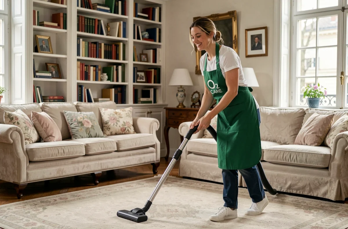 Aide à domicile O2 Care Services passant l'aspirateur dans un salon familial français