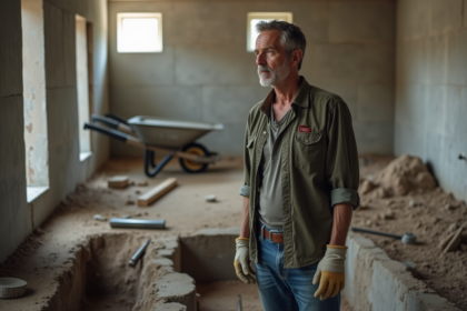 Homme en jeans et chemise de travail dans une fondation en rénovation