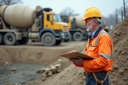 Ouvrier de construction en tenue orange observant le béton