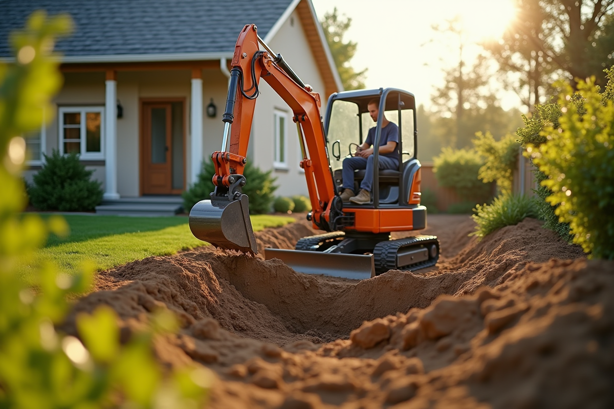 Ouvrier utilisant un mini-excavateur dans un jardin résidentiel