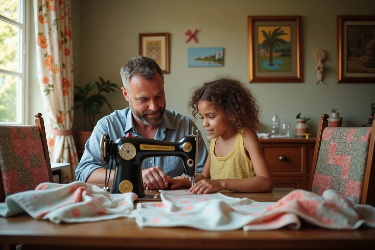 Père et fille cousant ensemble à la machine à coudre vintage