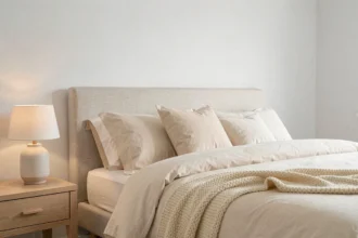 Chambre cocooning avec papier peint blanc intissé texturé derrière une tête de lit en lin, linge de lit ivoire et ambiance chaleureuse