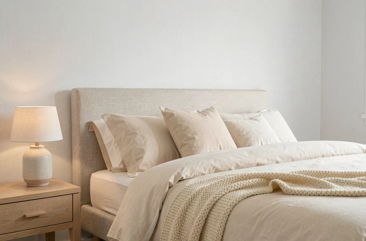 Chambre cocooning avec papier peint blanc intissé texturé derrière une tête de lit en lin, linge de lit ivoire et ambiance chaleureuse