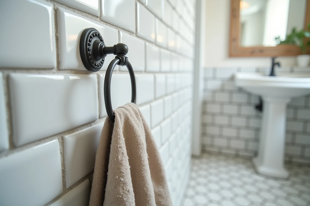 Patère en fer forgé mal fixée sur un carrelage de salle de bain, montrant une erreur d'installation décorative à éviter