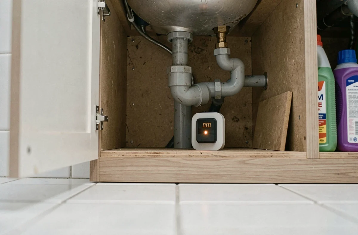 Piège connecté de surveillance des nuisibles installé sous un évier de salle de bain, technologie intelligente de détection des insectes 2026
