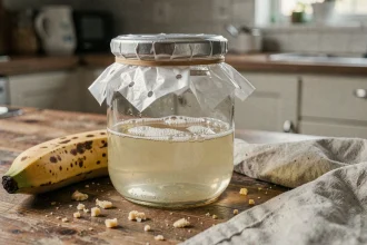 Piège à mouche vinaigre fait maison avec un bocal en verre, du vinaigre de cidre et un film plastique percé sur un comptoir de cuisine en bois