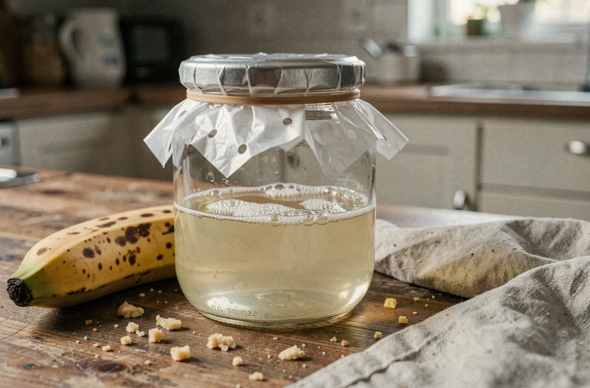 Piège à mouche vinaigre fait maison avec un bocal en verre, du vinaigre de cidre et un film plastique percé sur un comptoir de cuisine en bois