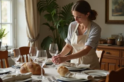 Femme disposant des verres à cristal sur une table familiale en bois lors de la mise en place d'un repas