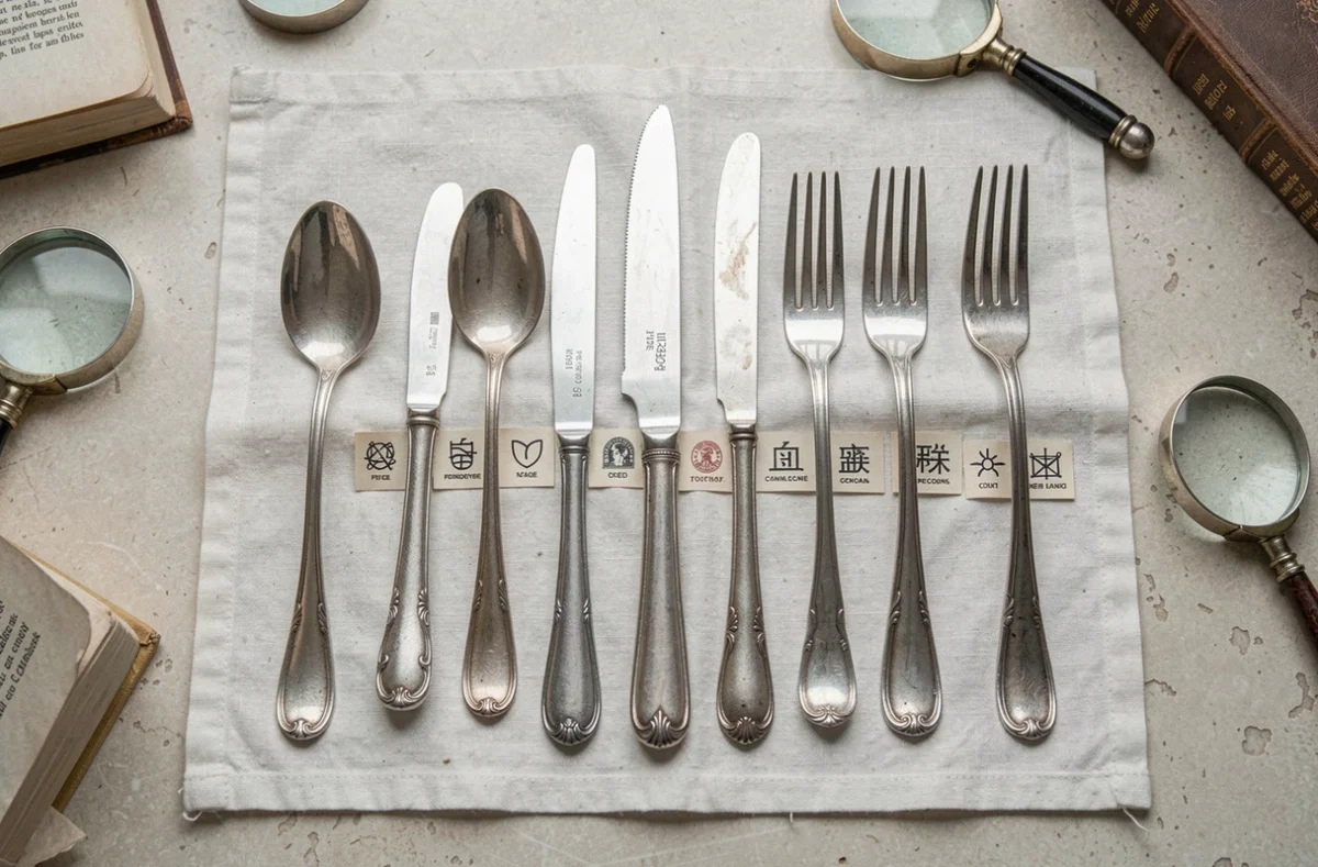 Vue aérienne de couverts en argent avec poinçons authentiques comparés à des fiches de référence sur une table de conservation
