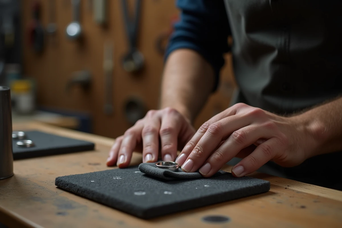 Mains masculines polissant une bague plaquée argent avec un chiffon microfibre sur un établi de bijoutier en bois