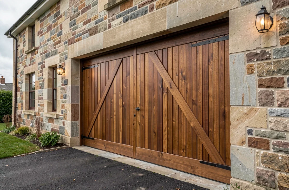 Porte basculante en bois sur une façade de maison en pierre