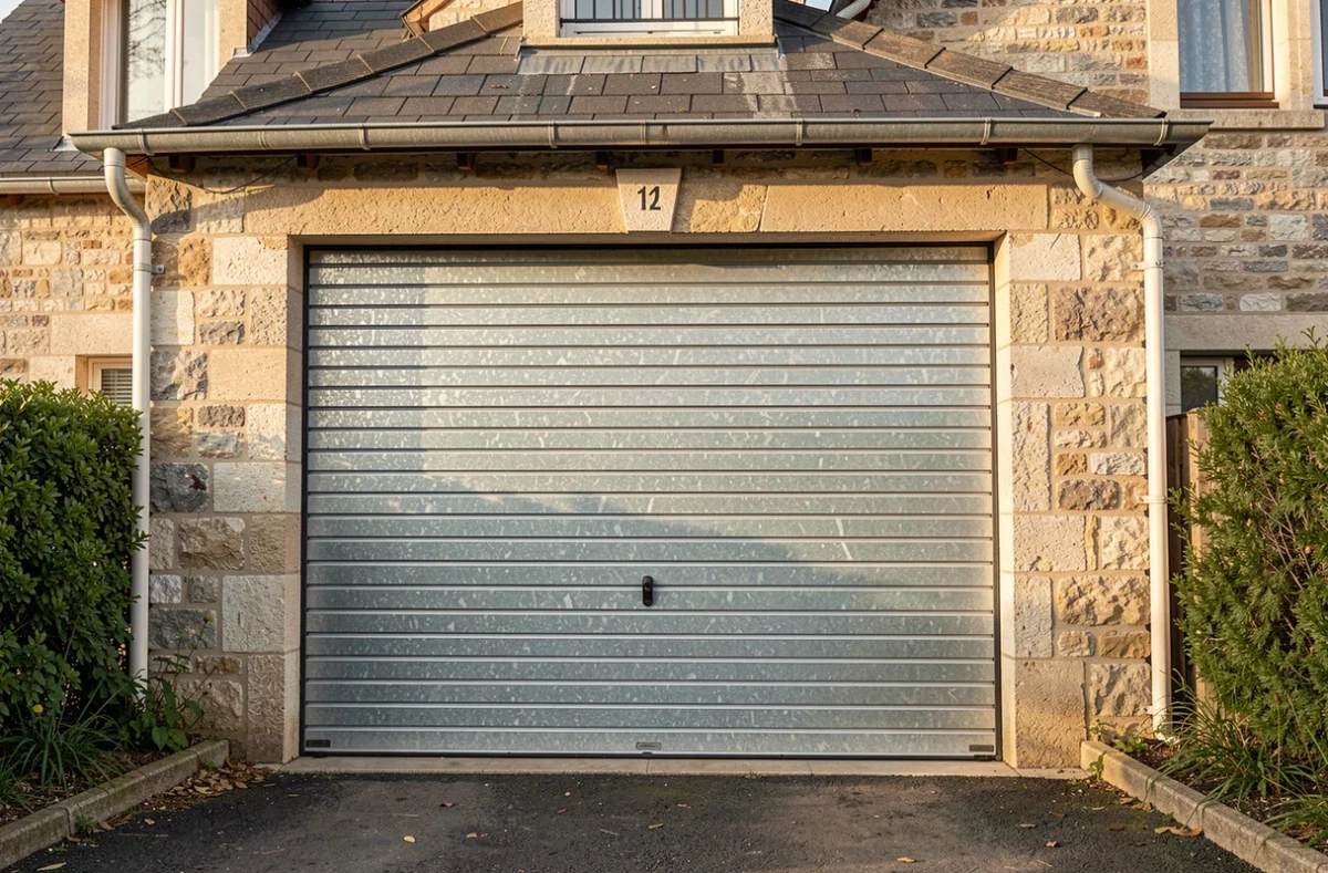 Porte de garage basculante en acier sur une maison individuelle