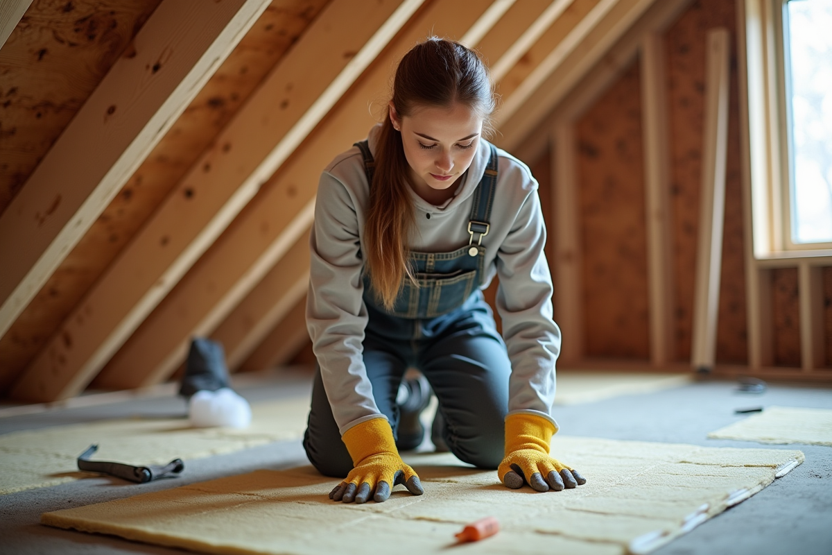 Jeune femme installant des panneaux d isolation dans un grenier