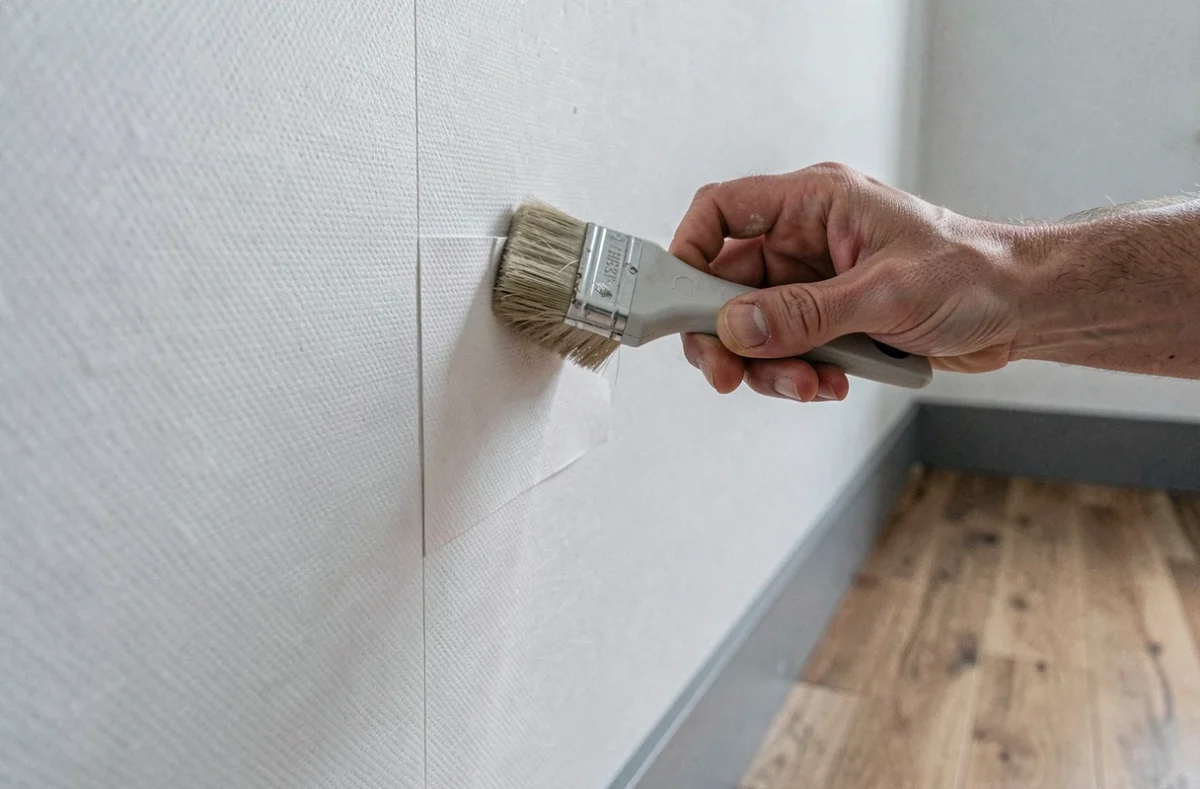 Pose de papier peint intissé blanc sur un mur de chambre, détail de la texture tissée et du raccord de lé sans jointure visible