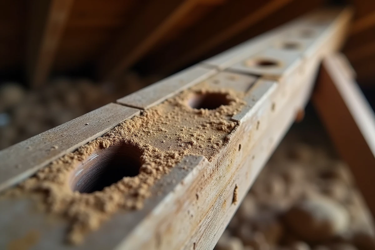Gros plan sur des trous de capricorne dans une poutre en bois de charpente avec sciure caractéristique des insectes xylophages
