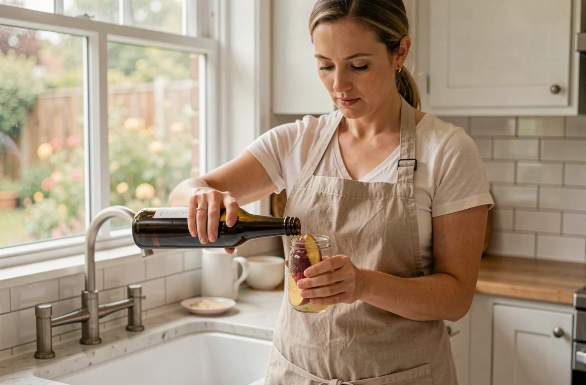Femme préparant un piège à mouches vinaigre maison en versant du vinaigre de cidre dans un bocal dans une cuisine rustique