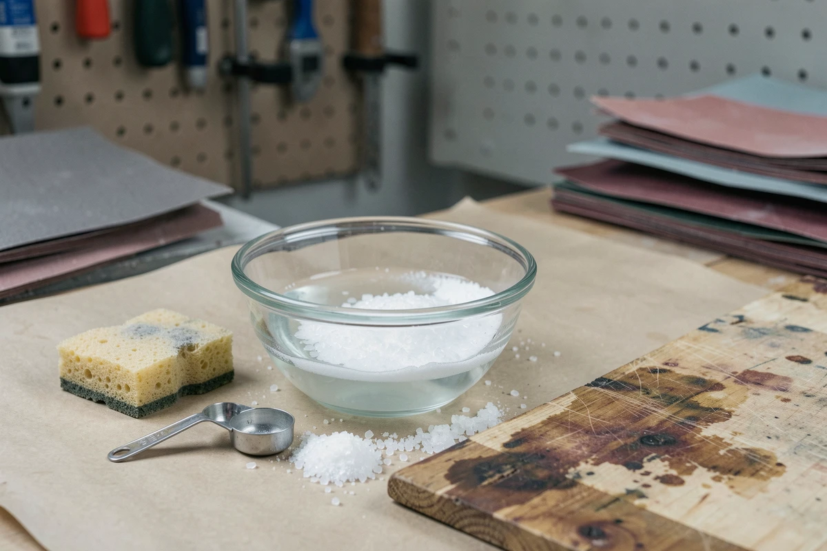 Préparation de la solution d'acide oxalique avec cristaux et matériel de rénovation du bois posés sur un établi