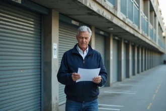 Propriétaire d'un box garage examinant son contrat d'assurance devant une rangée de garages en béton urbain