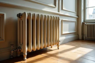 Radiateur en fonte ancien posé sur un plancher en bois avec micro-fissures visibles autour des pieds