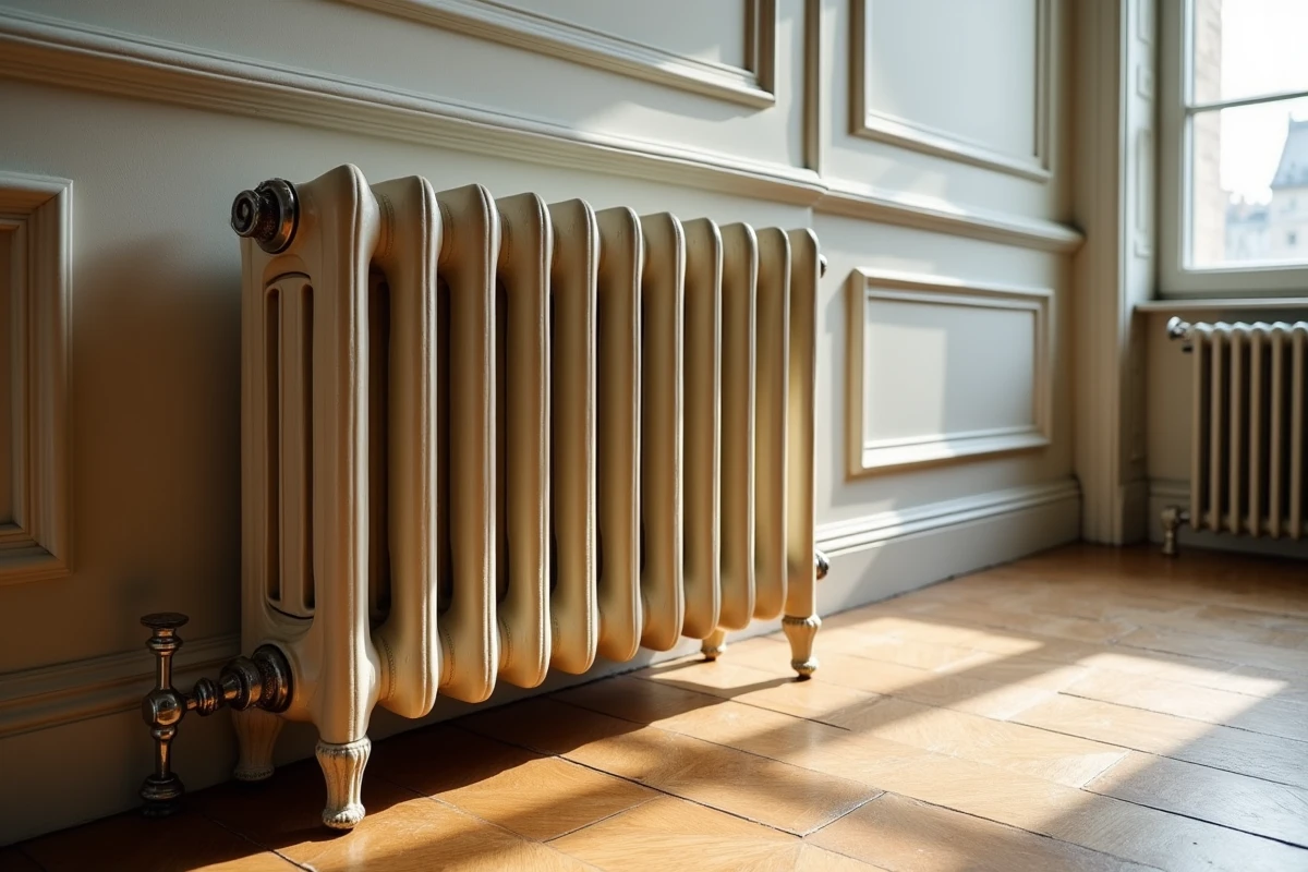 Radiateur en fonte ancien posé sur un plancher en bois avec micro-fissures visibles autour des pieds