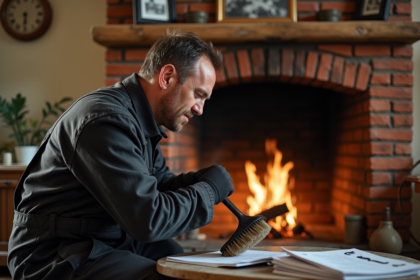 Homme ramoneur nettoyant une cheminée dans un salon cosy