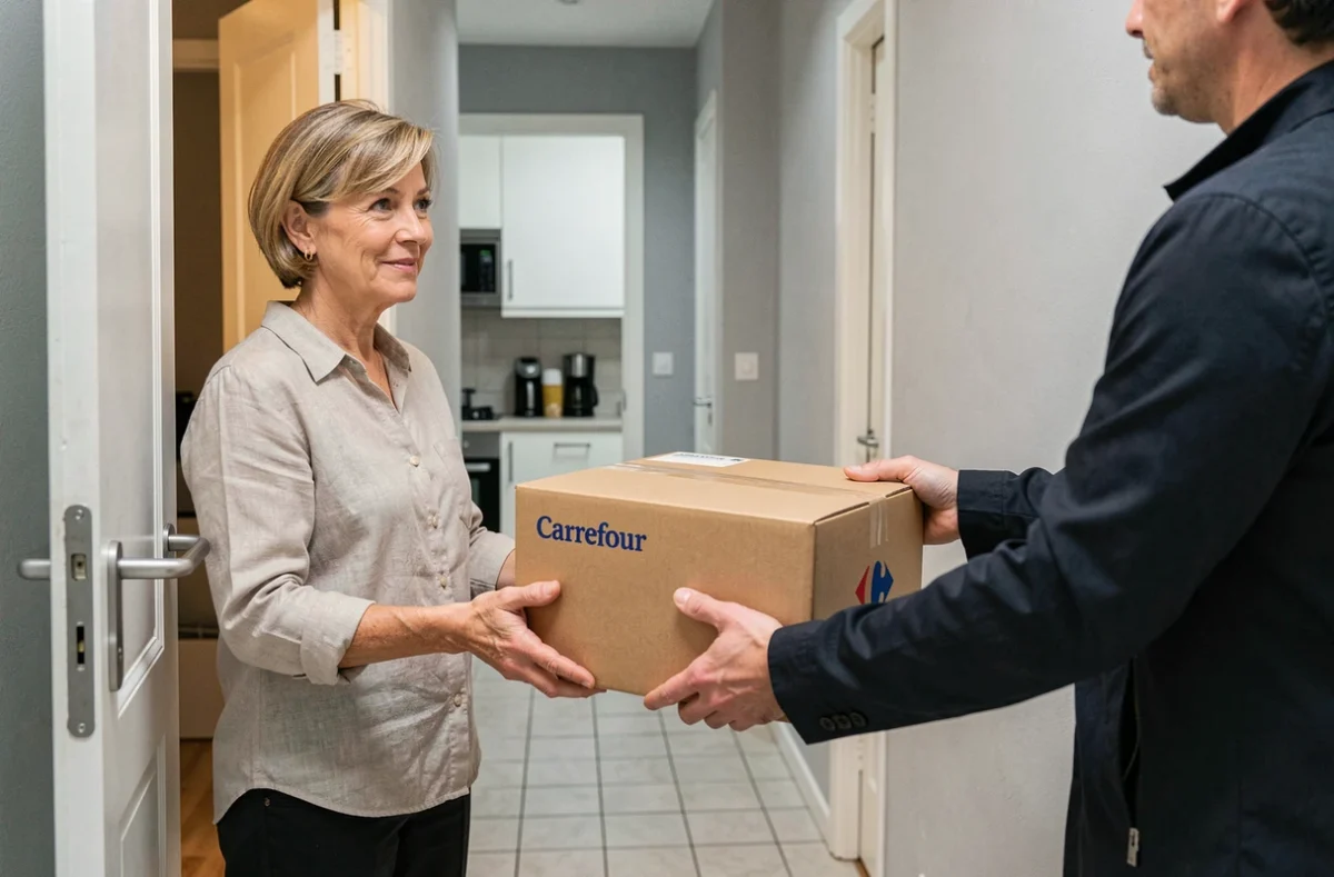 Femme recevant une livraison de courses Carrefour à la porte de son appartement parisien