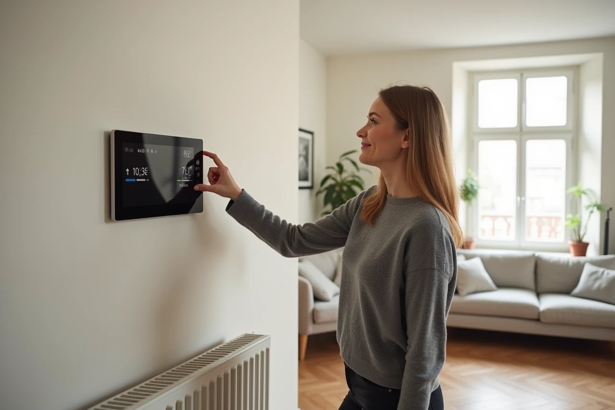Femme réglant un thermostat numérique connecté pour optimiser le chauffage central électrique