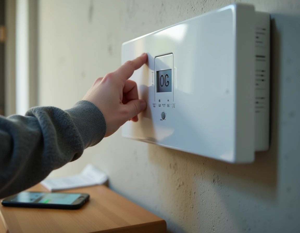 Main réglant le thermostat d'un radiateur à accumulation électrique avec une facture d'énergie en arrière-plan