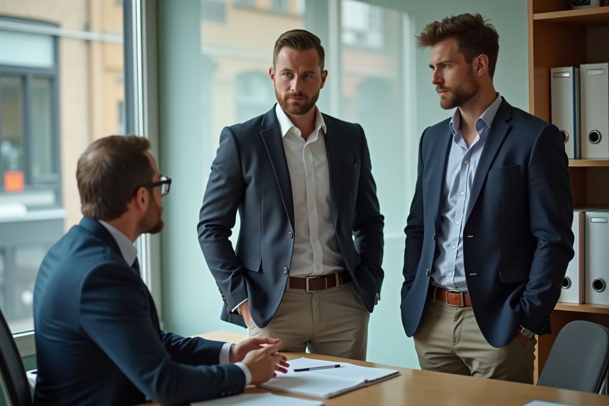 Jeune homme et propriétaire discutant dans une agence immobilière