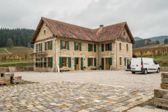 Vue large d'une ferme en pierre du Jura en cours de rénovation, avec échafaudages, volets verts et toiture en tuiles restaurée