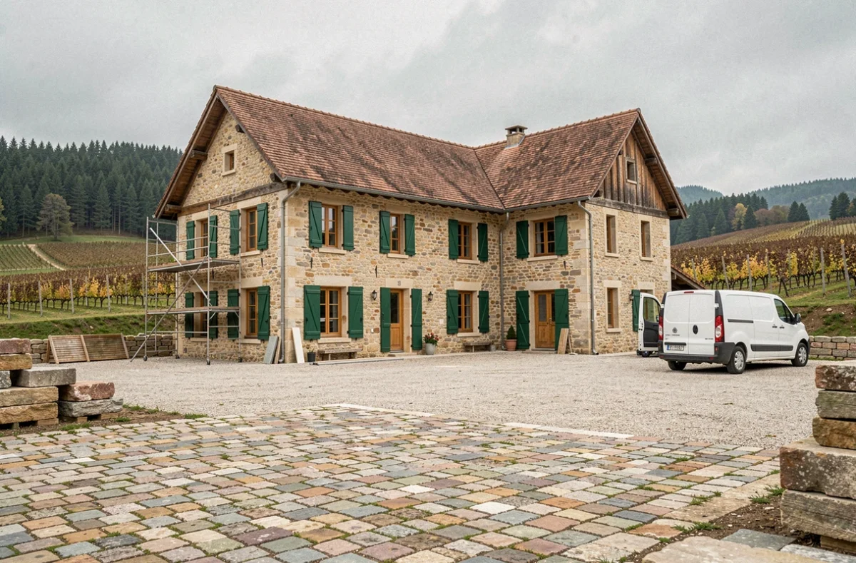 Vue large d'une ferme en pierre du Jura en cours de rénovation, avec échafaudages, volets verts et toiture en tuiles restaurée