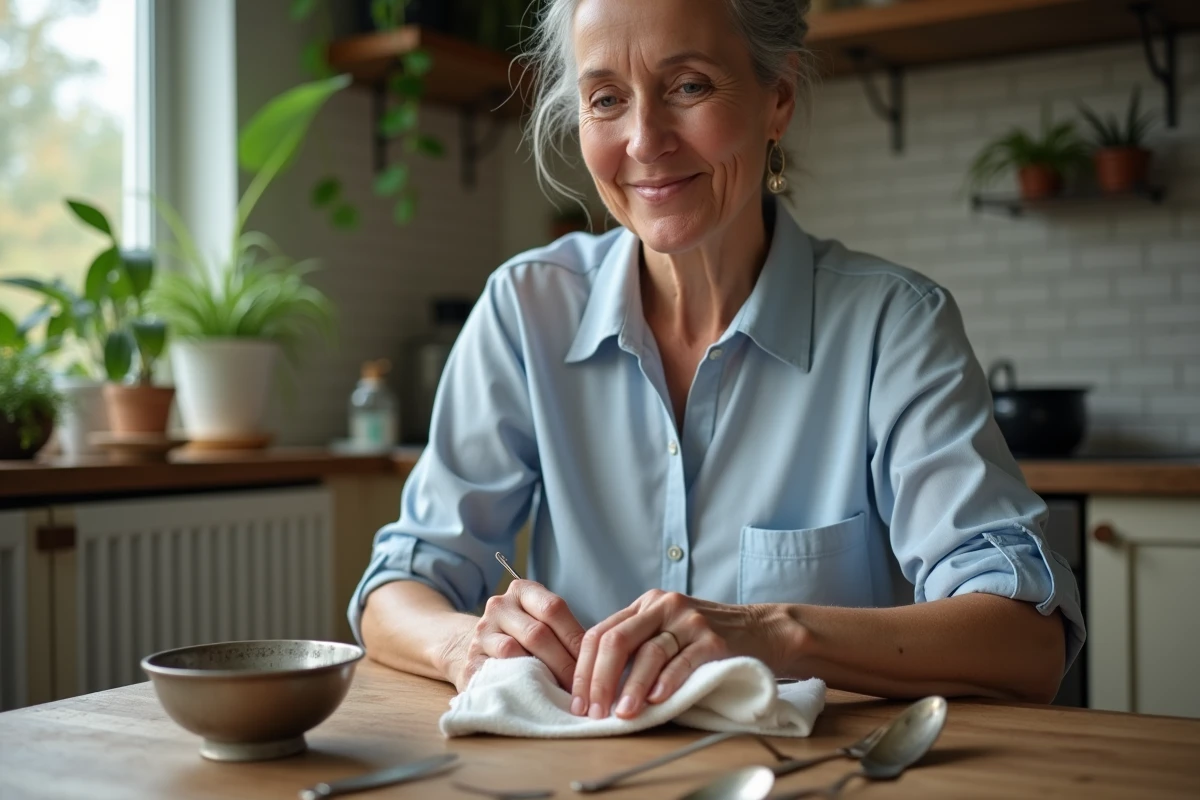 Femme polissant un cuillère en argent avec douceur