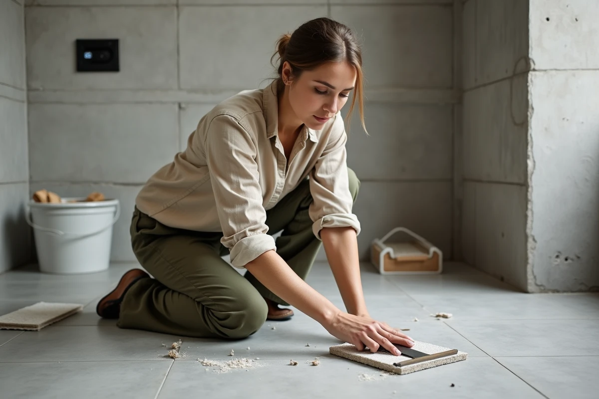 Femme retirant des anciens joints de carrelage en porcelaine grise lors d'une rénovation de salle de bain