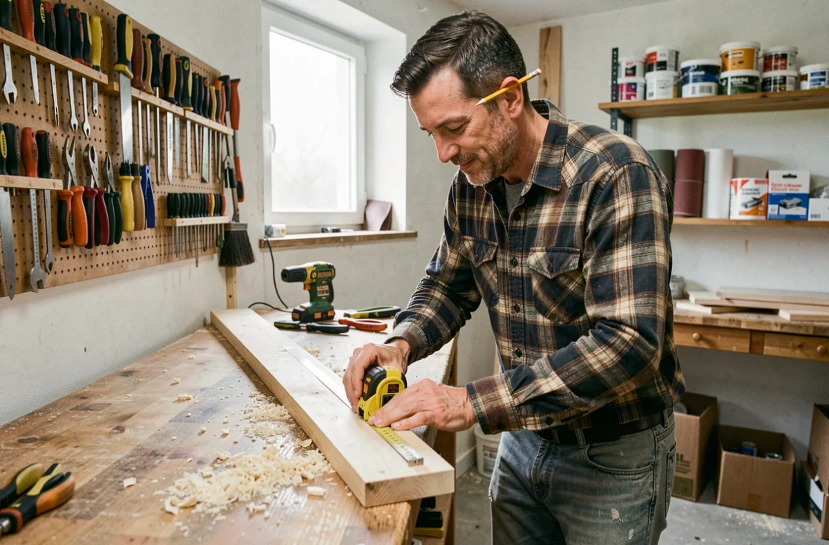 Artisan bricoleur mesurant une planche en bois dans un petit atelier de rénovation légère, Retsatelier Jura