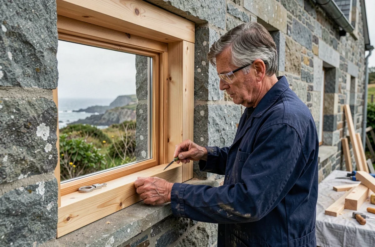 Artisan menuisier Rioual posant une fenêtre en bois dans une maison en pierre du Finistère