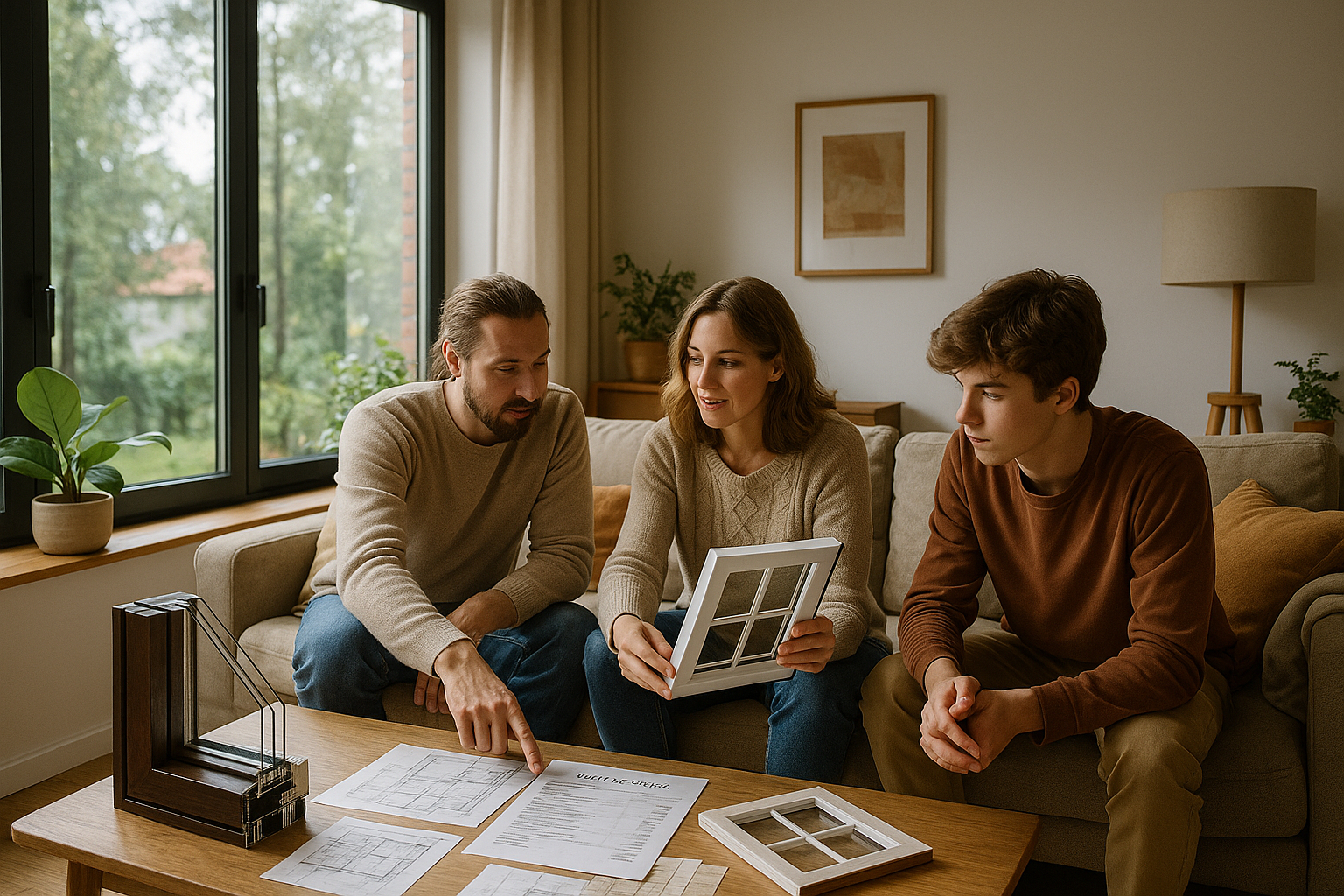 Salon intérieur lumineux avec grandes fenêtres modernes et famille discutant