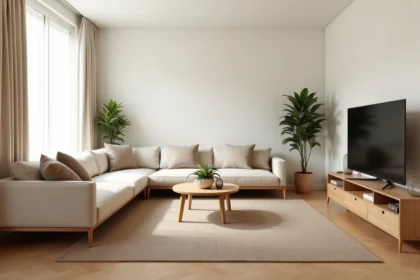 Salon moderne relooké avec des meubles BUT : canapé scandinave beige, table basse en chêne et meuble TV avec rangements