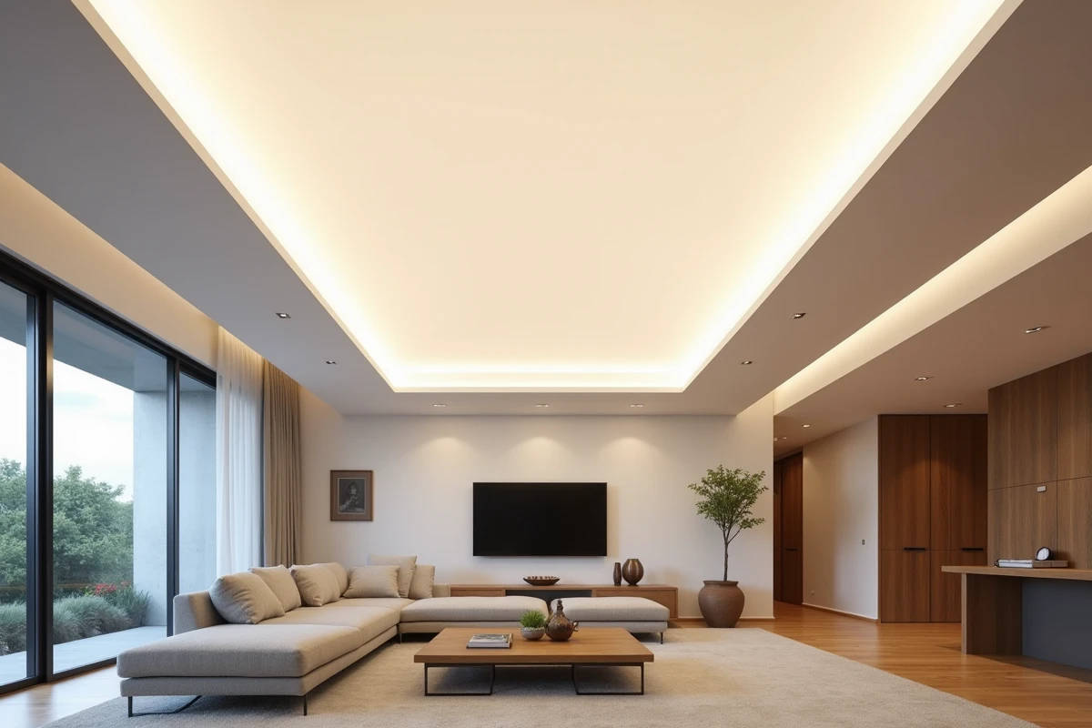 Salon moderne avec plafond en toile tendue rétroéclairée LED créant une ambiance lumineuse uniforme