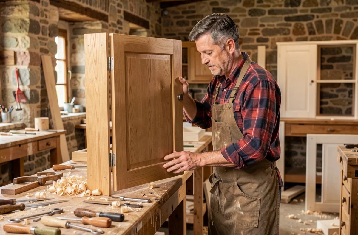 Artisan menuisier de la SARL Arnault à Saint-Junien assemblant un meuble de cuisine en chêne massif dans son atelier